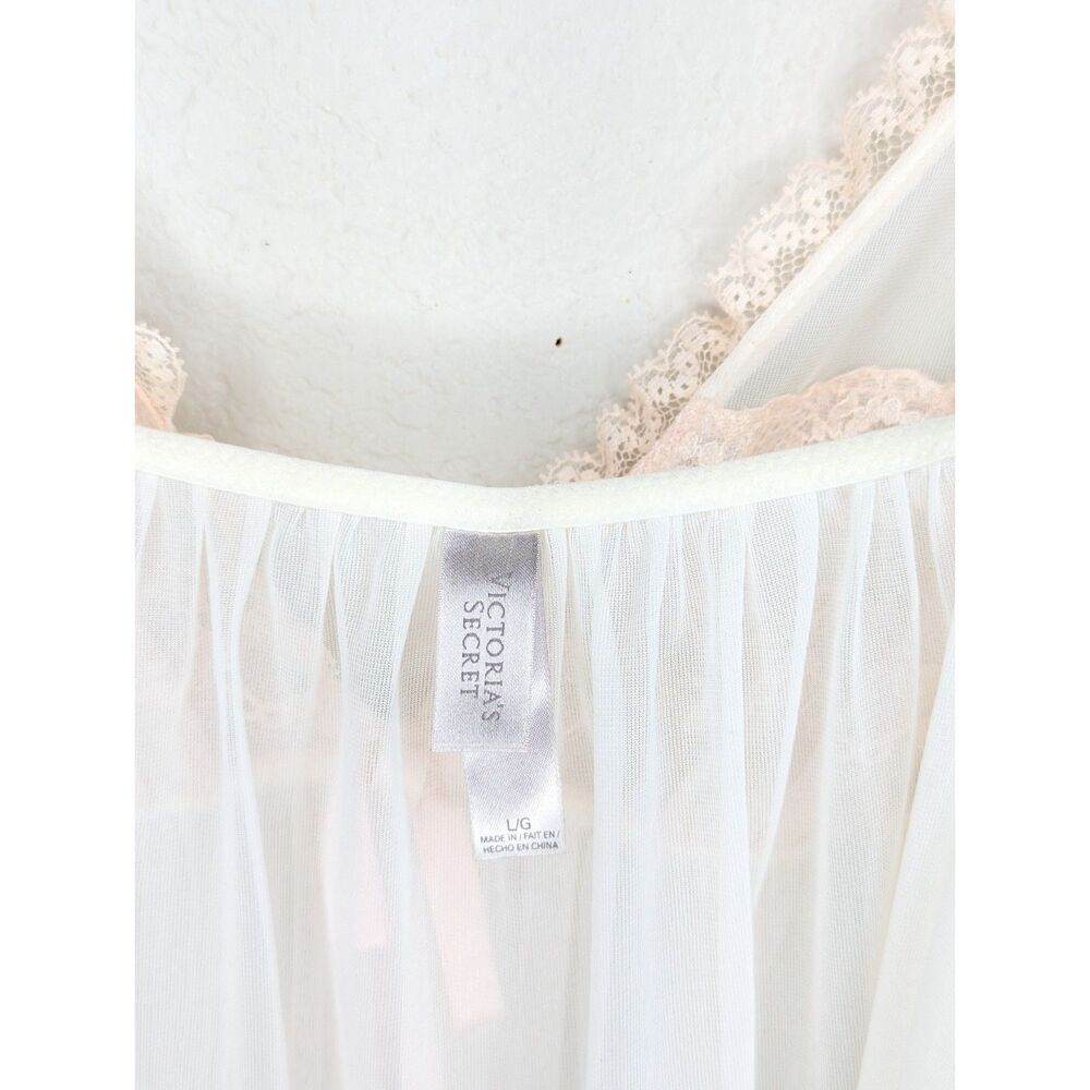 Y2K Victoria's Secret Babydoll Nightie Lingerie Sz L Sheer White Peach Coquette - Picture 9 of 10